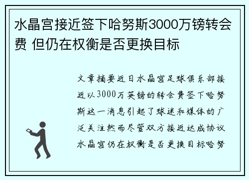 水晶宫接近签下哈努斯3000万镑转会费 但仍在权衡是否更换目标