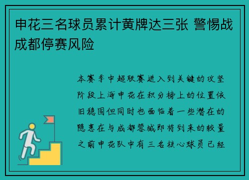 申花三名球员累计黄牌达三张 警惕战成都停赛风险